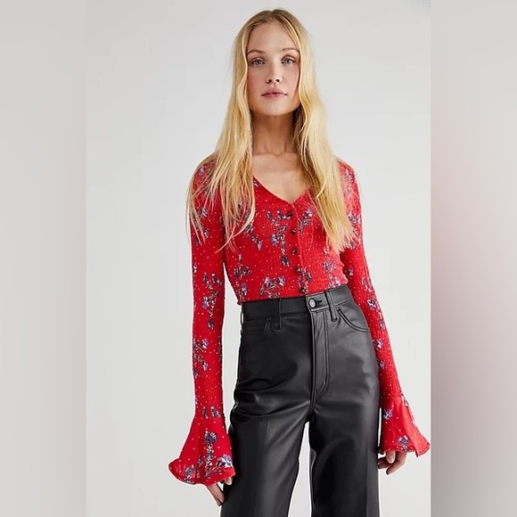 Free People Amelia Printed Blouse Bell Sleeve CHERRY combo XS $138 - Picture 1 of 2
